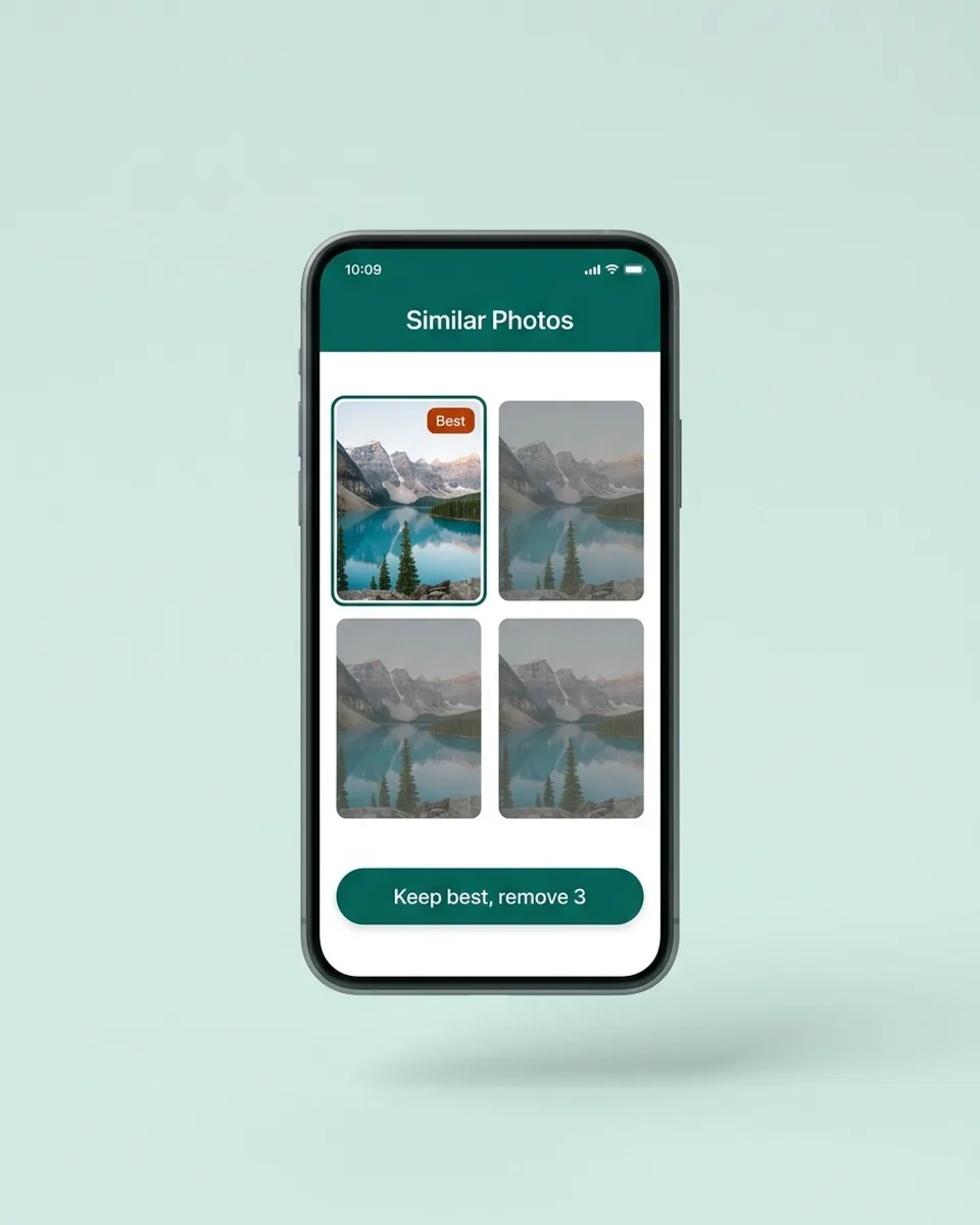 Phone showing Secure Clean grouping similar photos with the best shot highlighted