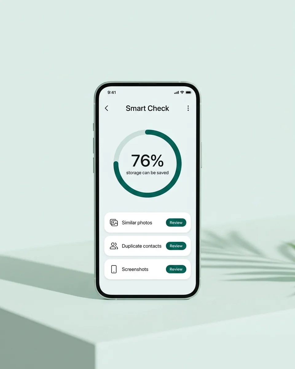 Phone showing the Secure Clean Smart Check screen with a storage saving estimate