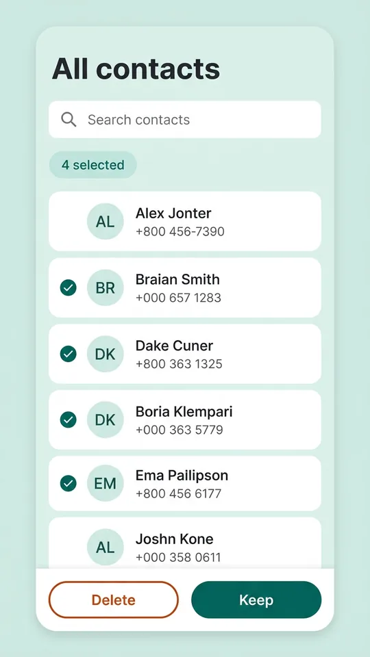 All contacts list in Secure Clean with several entries selected for deletion