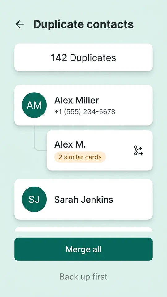 Contacts screen in Secure Clean showing duplicate cards ready to merge